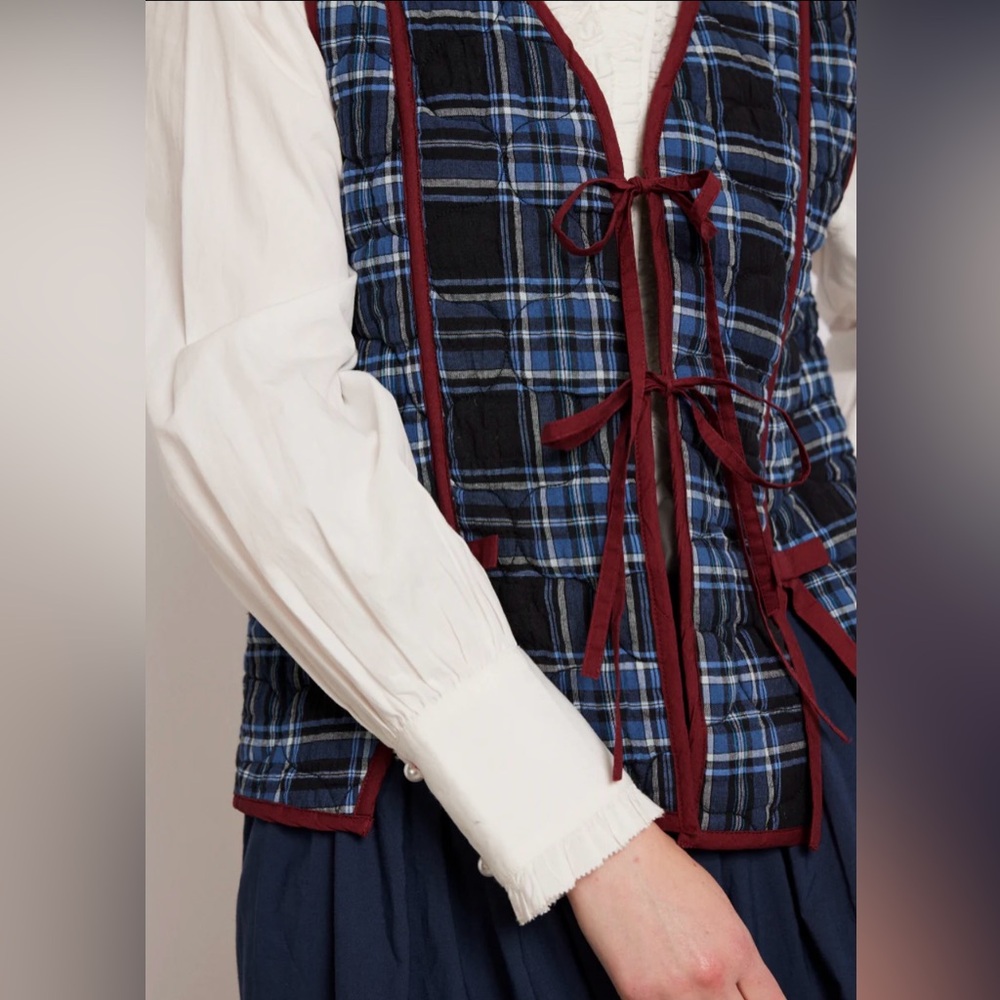 Damson Madder Anthropologie Alva Bow Gilet Vest Quilted Utility Blue Maroon 14 - Picture 10 of 16